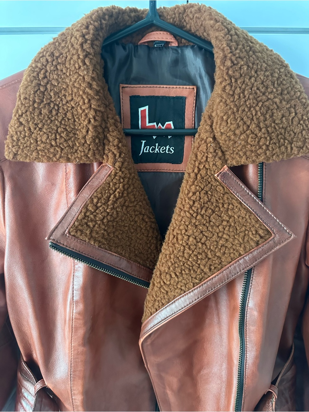 Women's Red Leather Moto Jacket with Shearling Collar - Picture 9 of 9
